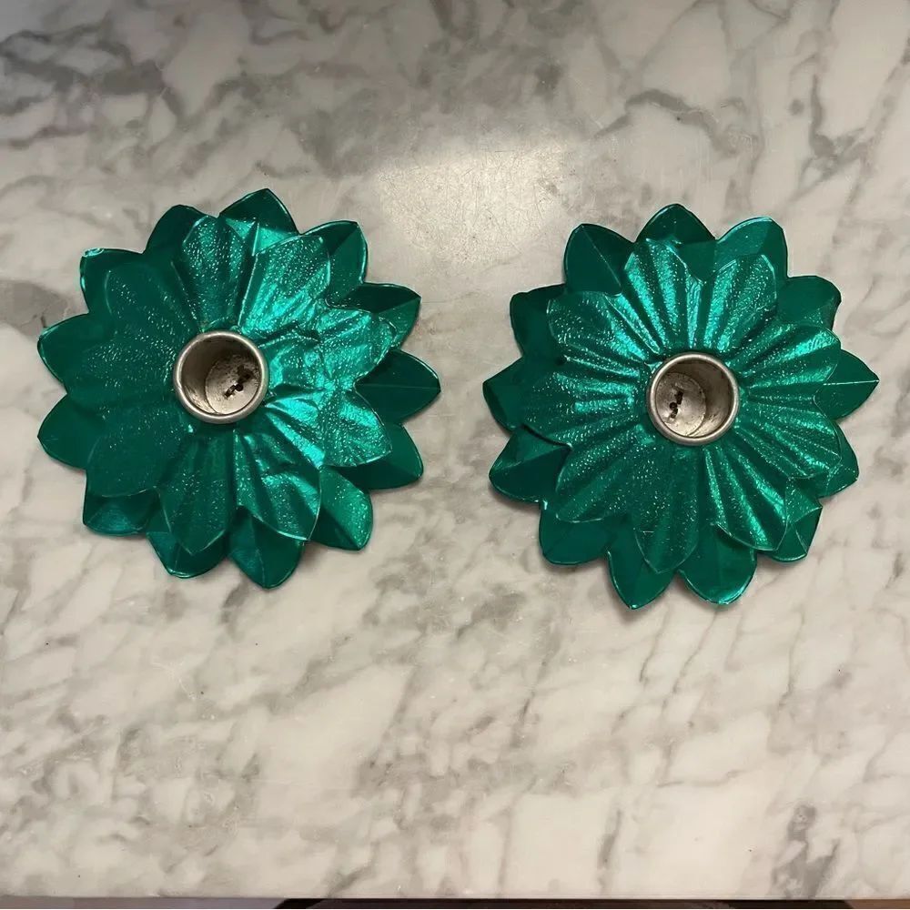 Pair of Vintage Tin Foil Metallic Green Candlestick Holders